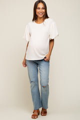 Cream Textured Knit Short Puff Sleeve Maternity Top