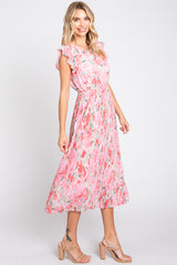 Pink Floral Chiffon Pleated Midi Dress