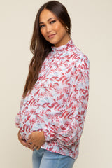 Burgundy Leaf Print Mock Neck Long Sleeve Maternity Blouse