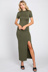 Olive Mock Neck Front Slit Short Sleeve Maternity Maxi Dress