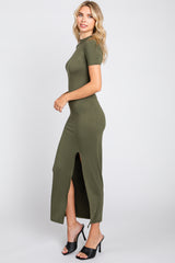 Olive Mock Neck Front Slit Short Sleeve Maxi Dress