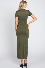 Olive Mock Neck Front Slit Short Sleeve Maxi Dress