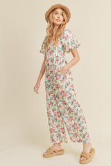 Ivory Floral Wide Leg Puff Sleeve Jumpsuit