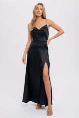 Black Drape Neck Silky Maxi Dress