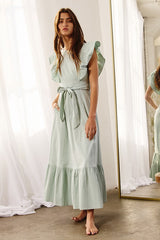 Sage Ruffle Sleeve Tiered Midi Dress