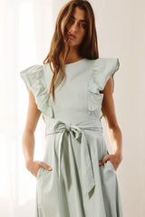 Sage Ruffle Sleeve Tiered Midi Dress