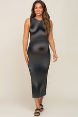 Black Striped Sleeveless Maternity Midi Dress