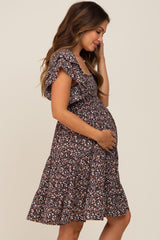 Black Floral Smocked Tiered Maternity Dress