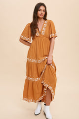 Camel Floral Embroidered Tiered Maternity Maxi Dress