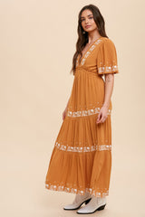 Camel Floral Embroidered Tiered Maxi Dress