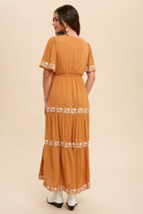 Camel Floral Embroidered Tiered Maxi Dress