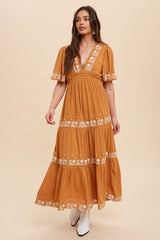 Camel Floral Embroidered Tiered Maxi Dress