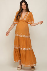 Camel Floral Embroidered Tiered Maternity Maxi Dress