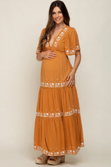 Camel Floral Embroidered Tiered Maternity Maxi Dress