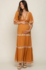 Camel Floral Embroidered Tiered Maternity Maxi Dress