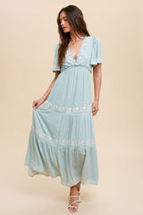 Mint Green Floral Embroidered Tiered Maxi Dress