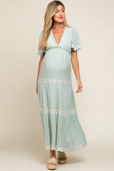 Mint Green Floral Embroidered Tiered Maternity Maxi Dress