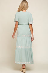 Mint Green Floral Embroidered Tiered Maternity Maxi Dress