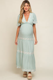 Mint Green Floral Embroidered Tiered Maternity Maxi Dress