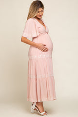 Light Pink Floral Embroidered Tiered Maternity Maxi Dress