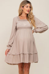 Taupe Lace Embroidered Square Neck Maternity Dress