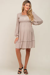 Taupe Lace Embroidered Square Neck Maternity Dress