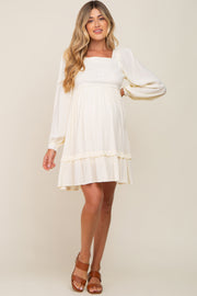 Cream Lace Embroidered Square Neck Maternity Dress