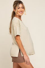 Beige Raw Hem Front Pocket Maternity T-Shirt