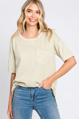 Beige Raw Hem Front Pocket T-Shirt