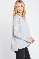 Grey Striped Button Front Long Sleeve Top