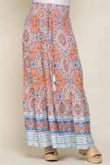 Blue Printed Smocked Waist Maxi Skirt