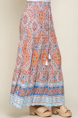 Blue Printed Smocked Waist Maxi Skirt