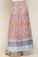 Blue Printed Smocked Waist Maxi Skirt