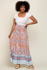 Blue Printed Smocked Waist Maxi Skirt