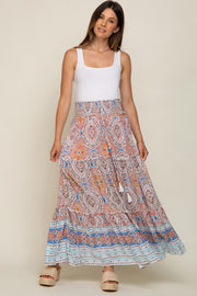 Blue Printed Smocked Waist Maternity Maxi Skirt