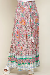 Green Printed Smocked Waist Maxi Skirt