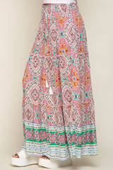 Green Printed Smocked Waist Maxi Skirt