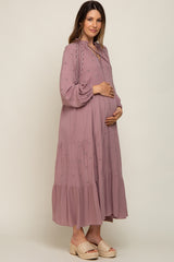 Mauve Ruffle Mock Neck Embroidered Tiered Maternity Midi Dress