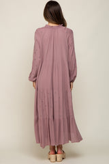 Mauve Ruffle Mock Neck Embroidered Tiered Maternity Midi Dress