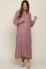 Mauve Ruffle Mock Neck Embroidered Tiered Maternity Midi Dress