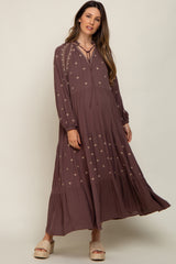 Brown Ruffle Mock Neck Embroidered Tiered Maternity Maxi Dress