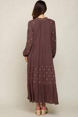 Brown Ruffle Mock Neck Embroidered Tiered Maternity Maxi Dress