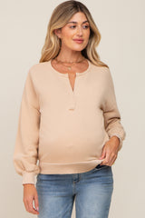 Beige Split V-Neck Long Sleeve Maternity Sweatshirt