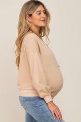 Beige Split V-Neck Long Sleeve Maternity Sweatshirt