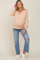 Beige Split V-Neck Long Sleeve Maternity Sweatshirt