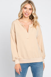 Beige Split V-Neck Long Sleeve Sweatshirt