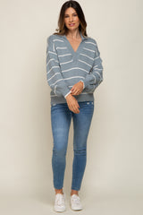 Light Blue Striped V-Neck Collared Maternity Sweater