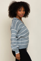 Light Blue Striped V-Neck Collared Sweater