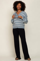 Light Blue Striped V-Neck Collared Sweater