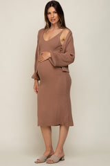 Taupe Ribbed Midi Dress and Cardigan Maternity Set